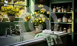 Flowers and green towels in bathroom. A bath tub sitting next to a window filled with yellow flowers