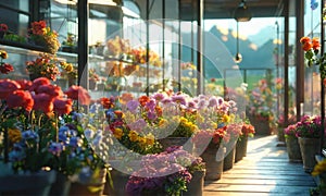flowers in a greenhouse. woman collects a bouquet in a glassed flower shop photo