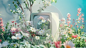 Flowers grew out of a white computer, surrounded by flowers and grass in the style of cinema4d rendering