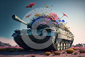 Flowers growing on battle tank - peace concept