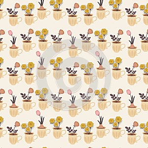 Flowers growing in cups wallpaper. Vector seamless pattern.