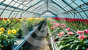 Flowers growing in a greenhouse. Flower farming