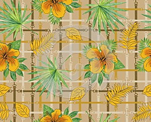 Flowers hand drawing with branch and leaves pattern white backgroundtropical pattern background with yellow