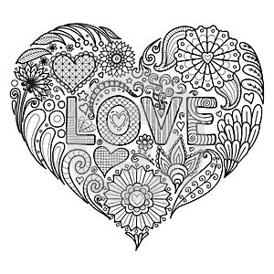 Flowers in heart shape for coloring books for adult or valentines card photo