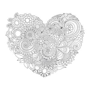 Flowers in the heart shape pattern for coloring book