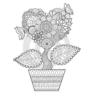 Flowers in heart shape on a pot line art design for coloring book for adult, tattoo, T- Shirt graphic, cards and so on