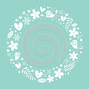 Flowers, hearts, birds love nature circle frame background