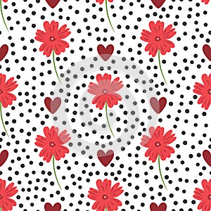 Flowers, hearts and round dots. Floral seamless pattern.