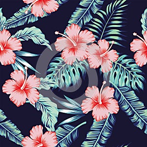 Flowers hibiscus pink monstera palm leaves pattern seamless