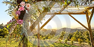 Flowers and lace on Jewish wooden Chuppah