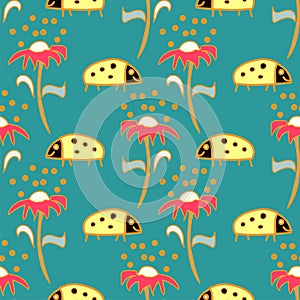 Flowers and ladybirds bright vector seamless repeat pattern on teal