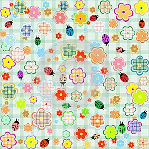 Flowers and ladybugs seamless pattern background