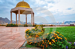 Flowers leading to the gazebo dome.