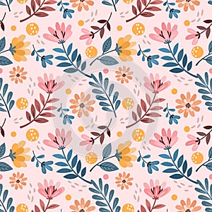 Flowers and leaf in vintage color seamless pattern.