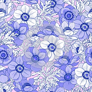 Flowers and leaves of anemones, seamless