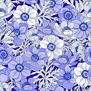 Flowers and leaves of anemones, seamless