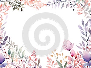 Flowers and leaves botanical border frame pastel color with copy space in the middle spring season on white Generative AI