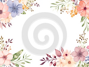 Flowers and leaves botanical border frame pastel color with copy space in the middle spring season on white Generative AI