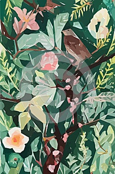 Flowers, leaves and branches. Hand drawn floral watercolor vector illustration for fabric. Background for poster, web and banner.