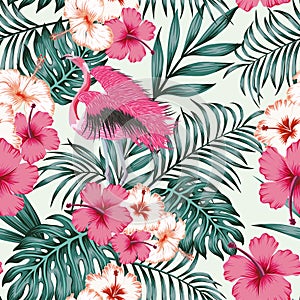 Flowers leaves flamingo seamless tropical pattern background