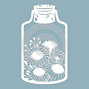 Flowers and leaves in a glass jar. Laser cut. Vector illustration. Pattern for the laser cut, serigraphy, plotter and screen