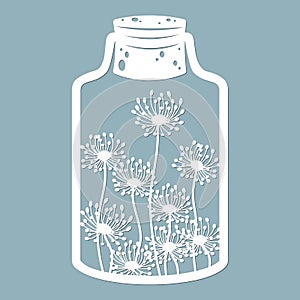 Flowers and leaves in a glass jar. Laser cut. Vector illustration. Pattern for the laser cut, serigraphy, plotter and screen