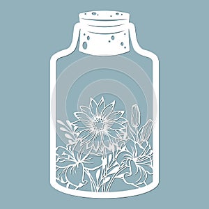 Flowers and leaves in a glass jar. Laser cut. Vector illustration. Pattern for the laser cut, serigraphy, plotter and screen