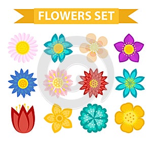 Flowers and leaves icon set, flat style. Floral collection isolated on white background. Spring, summer design elements