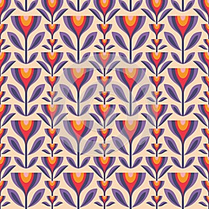 Flowers and leaves. Mid-century modern art vector background. Abstract geometric seamless pattern. Decorative ornament in retro vi