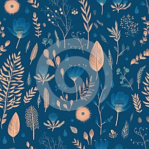 Flowers, leaves and plants pattern on blue color.Pencil, hand drawn botanical seamless pattern