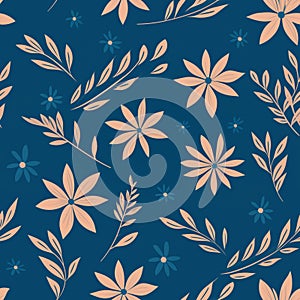 Flowers, leaves and plants pattern in peach fuzz color on blue.Pencil, hand drawn botanical seamless pattern