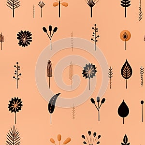 Flowers, leaves and plants pattern in peach fuzz color.Pencil, hand drawn botanical seamless pattern