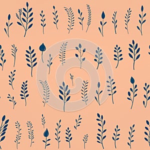 Flowers, leaves and plants pattern in peach fuzz color.Pencil, hand drawn botanical seamless pattern