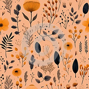 Flowers, leaves and plants pattern in peach fuzz color.Pencil, hand drawn botanical seamless pattern