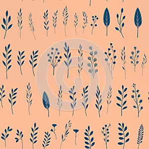 Flowers, leaves and plants pattern in peach fuzz color.Pencil, hand drawn botanical seamless pattern