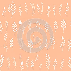 Flowers, leaves and plants pattern in peach fuzz color.Pencil, hand drawn botanical seamless pattern