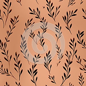 Flowers, leaves and plants pattern in peach fuzz color.Pencil, hand drawn botanical seamless pattern