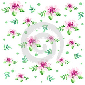 Flowers and leaves with polka dots watercolor seamless pattern