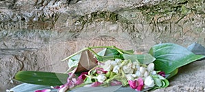 flowers on leaves for rituals on the beach hoping for peace