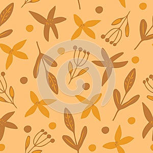 flowers, leaves seamless pattern. doodle vector hand drawn minimalism simple. wallpaper, textiles, wrapping paper. brown