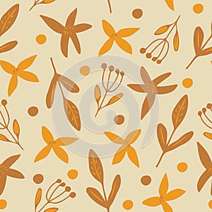 flowers, leaves seamless pattern. doodle vector hand drawn minimalism simple. wallpaper, textiles, wrapping paper. brown