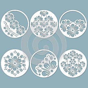 Flowers, leaves, texture carved in the circle. Vector illustration. Set of paper stickers. Laser cut. Vector illustration. Pattern