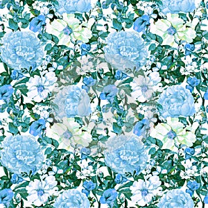 Flowers, leaves, wild grass. Repeating floral pattern in blue color. Watercolor