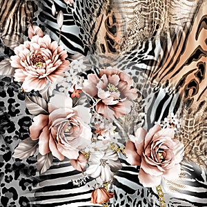 Flowers and leopard pattern.Silk scarf design, fashion textile.