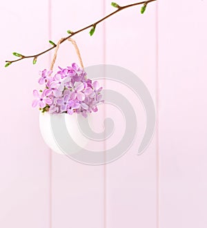 Flowers of  Lilac Syringa in eggshell on a light pink background.  Easter decor