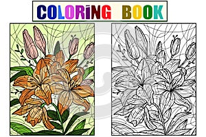 Flowers lilium. Seth coloring book and color drawing. Antistress for children and adults.