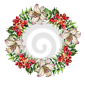 Flowers Lily and Campsis of Watercolor Wreath. Illustration for Design.