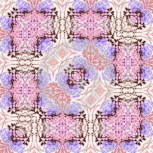 Flowers lines and square, pattern from tiles and border in pink ans lilas