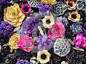 Flowers are made from natural materials and handmade.