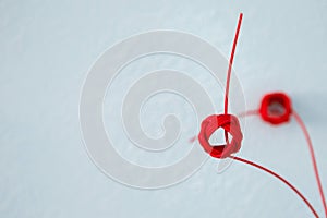 Flowers made from a red rope against a blue wall